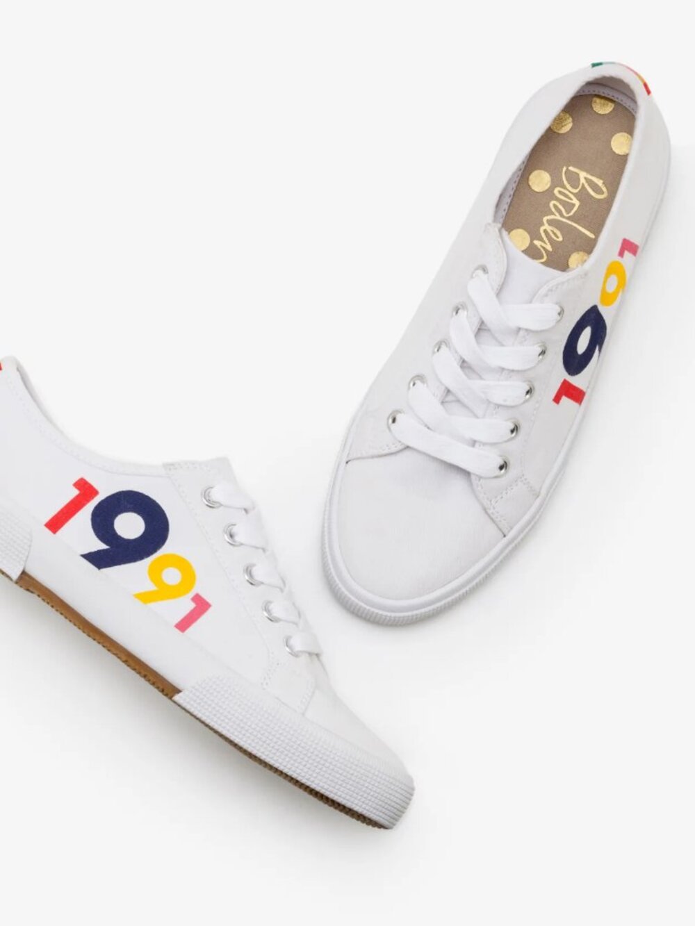 Boden White Canvas Sneakers with Red, Yellow and Navy '1991' Accent 42 or 10.5